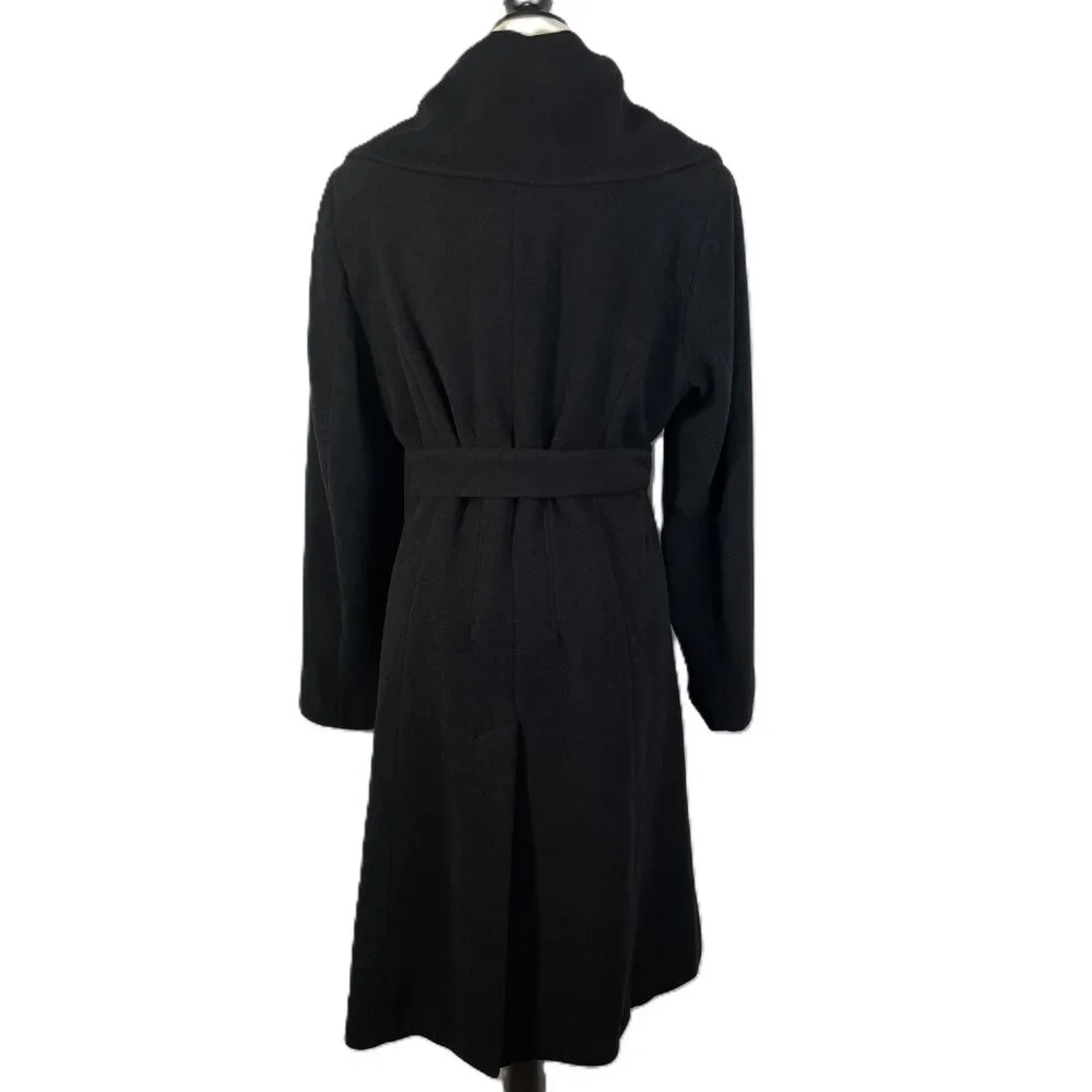 Calvin Klein Wool Blend Belted Tailored Black Coat Collared Knee Length Size 12 - Picture 3 of 16